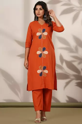 Orange embroidered straight kurta trousers with dupatta set