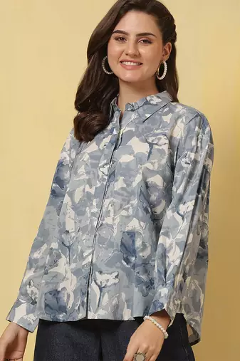 Blue cotton printed top for women