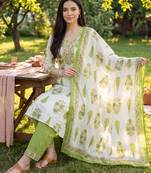 Off white printed a-line kurta trousers with dupatta set