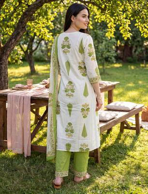 Off white printed a-line kurta trousers with dupatta set 2