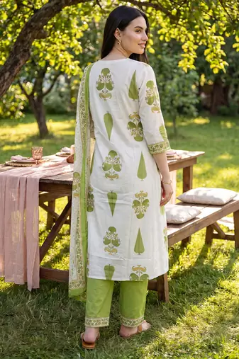 Off white printed a-line kurta trousers with dupatta set