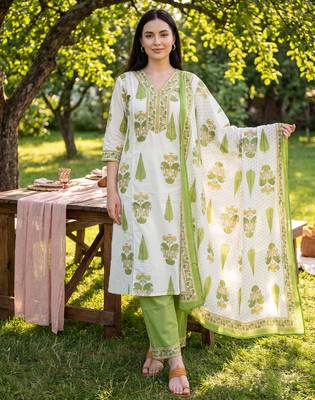 Off white printed a-line kurta trousers with dupatta set 3