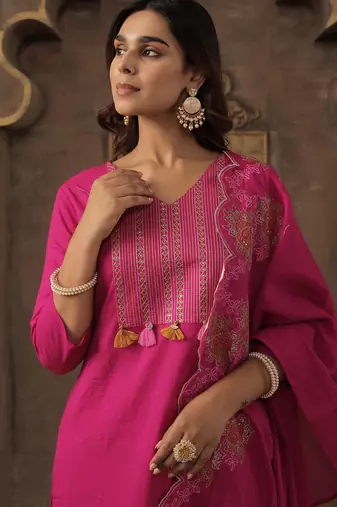 Pink embroidered straight kurta trousers with dupatta set