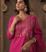 Pink embroidered straight kurta trousers with dupatta set