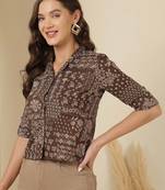 Brown cotton printed top for women
