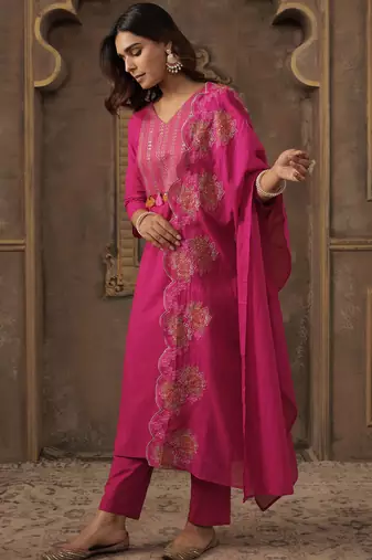 Pink embroidered straight kurta trousers with dupatta set
