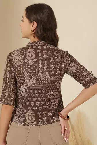 Brown cotton printed top for women