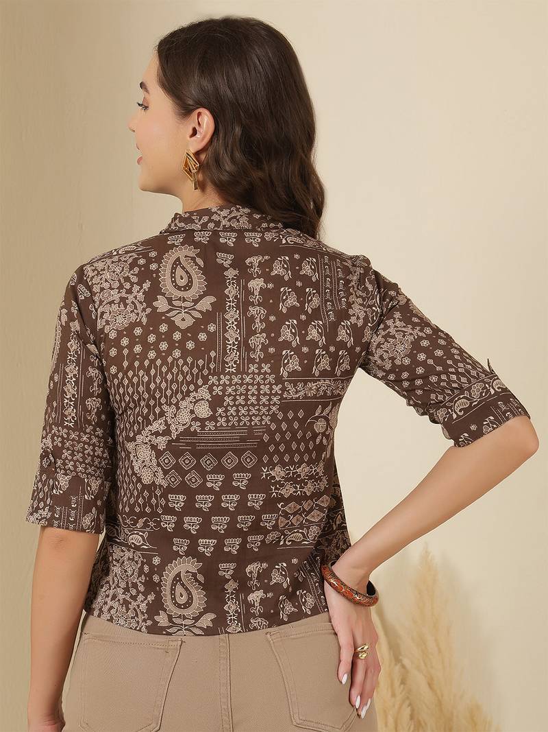 Brown cotton printed top for women