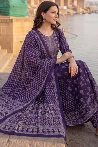 Purple printed a-line kurta trousers with dupatta set