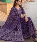 Purple printed a-line kurta trousers with dupatta set