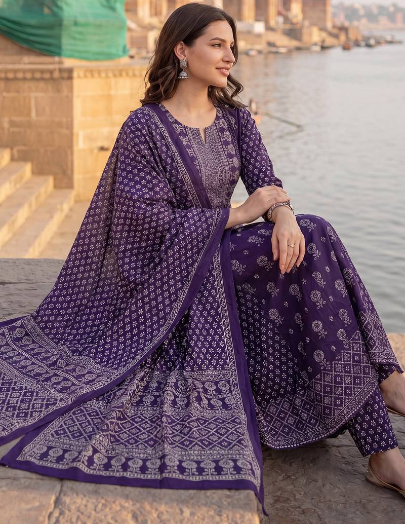Purple printed a-line kurta trousers with dupatta set