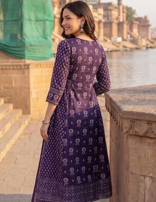 Purple printed a-line kurta trousers with dupatta set 2
