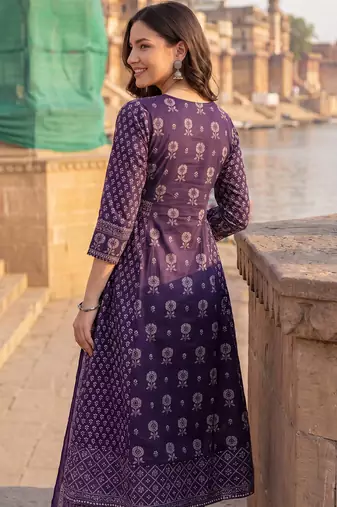 Purple printed a-line kurta trousers with dupatta set
