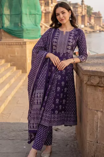 Purple printed a-line kurta trousers with dupatta set
