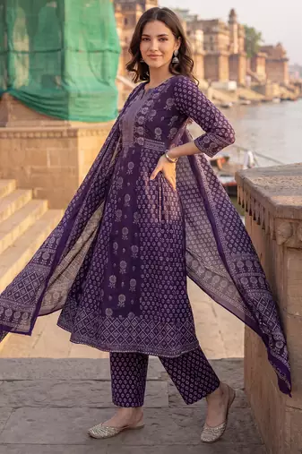Purple printed a-line kurta trousers with dupatta set