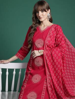 Pink printed straight kurta trousers with dupatta set 1