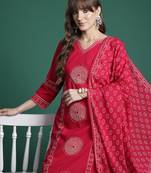 Pink printed straight kurta trousers with dupatta set