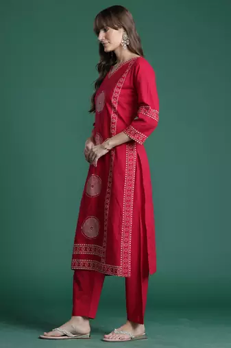 Pink printed straight kurta trousers with dupatta set