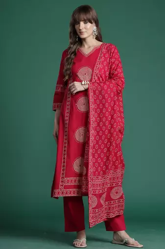 Pink printed straight kurta trousers with dupatta set