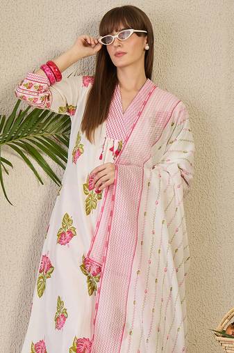 White printed a-line kurta trousers with dupatta set