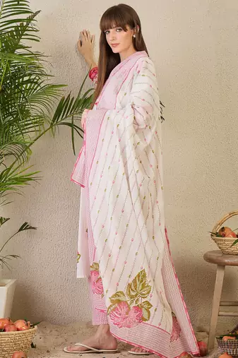 White printed a-line kurta trousers with dupatta set