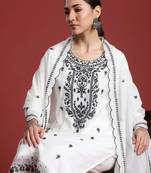 White embroidered straight kurta trousers with dupatta set
