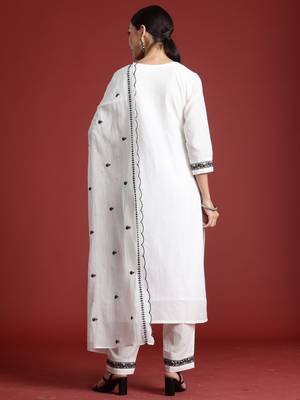 White embroidered straight kurta trousers with dupatta set 3