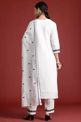 White embroidered straight kurta trousers with dupatta set
