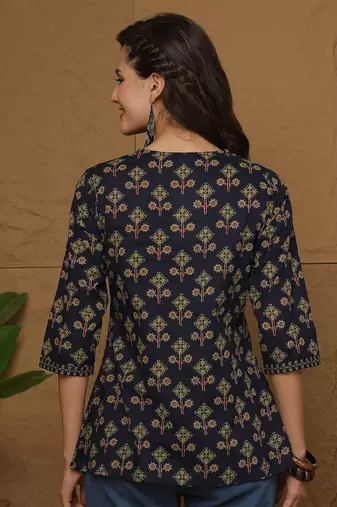 Blue cotton printed top for women