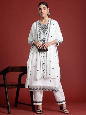 White embroidered straight kurta trousers with dupatta set 4