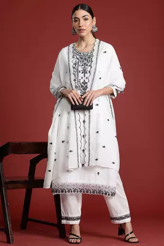 White embroidered straight kurta trousers with dupatta set