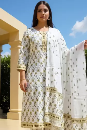 White printed straight kurta trousers with dupatta set