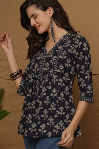 Blue cotton printed top for women
