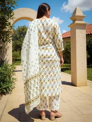White printed straight kurta trousers with dupatta set 2