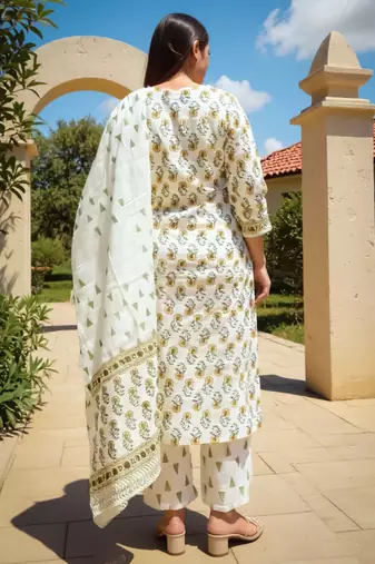 White printed straight kurta trousers with dupatta set