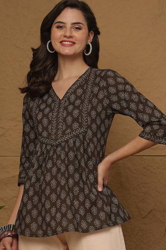 Brown cotton printed top for women