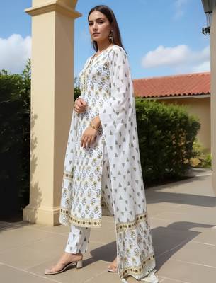 White printed straight kurta trousers with dupatta set 3