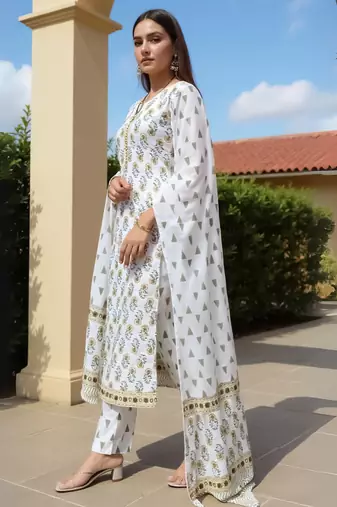 White printed straight kurta trousers with dupatta set