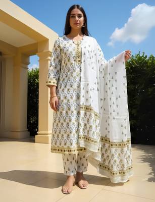 White printed straight kurta trousers with dupatta set 4