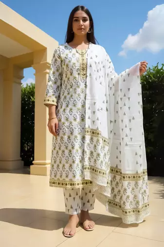 White printed straight kurta trousers with dupatta set