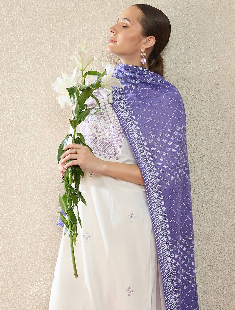 White embroidered straight kurta trousers set