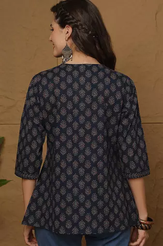 Blue cotton printed top for women