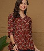 Maroon cotton printed top for women