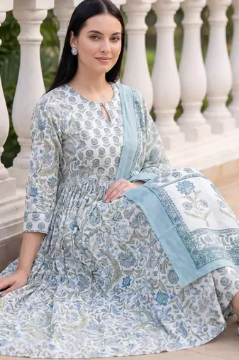 White printed a-line kurta trousers with dupatta set