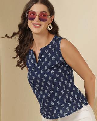 Blue cotton printed top for women 2