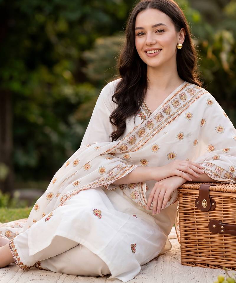 White embroidered straight kurta trousers with dupatta set