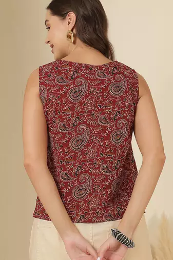 Maroon cotton printed top for women