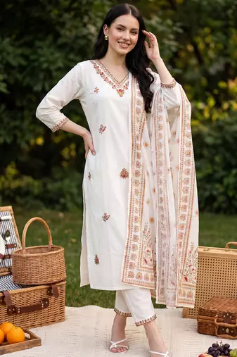 White embroidered straight kurta trousers with dupatta set