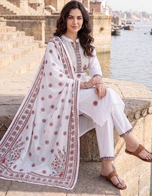 White embroidered straight kurta trousers with dupatta set 1