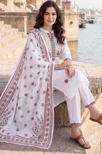 White embroidered straight kurta trousers with dupatta set